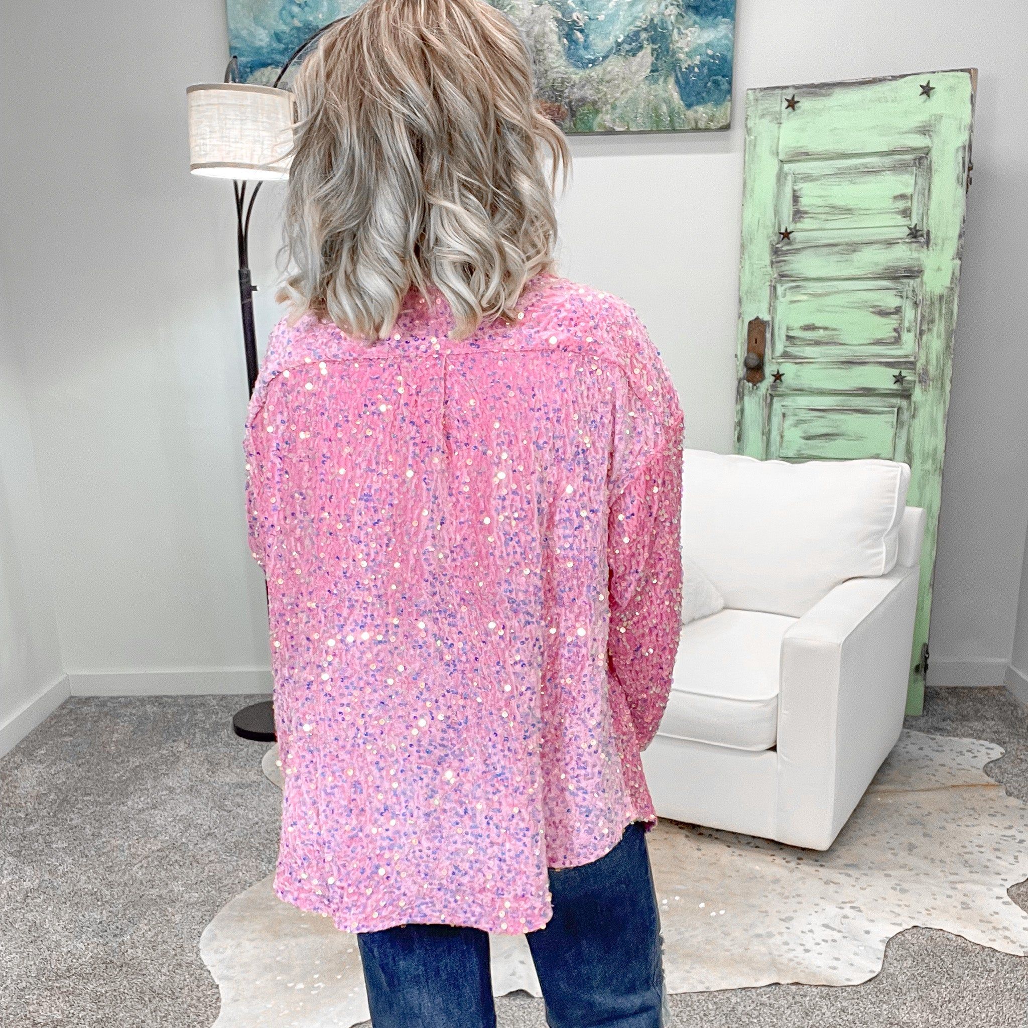 Pink Velvet with Sequins Button Down Shirt sold by Boujee Boutique product image thumbnail 4