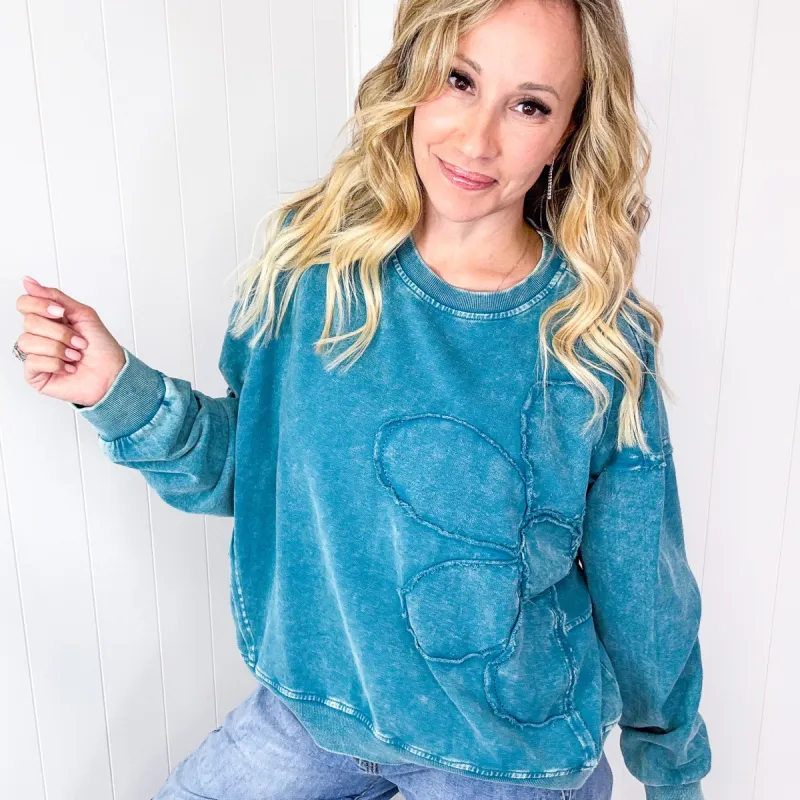 Blooming Stitched Floral Patch Washed Terry Knit Long Sleeve Pullover in 2 Colors sold by Boujee Boutique