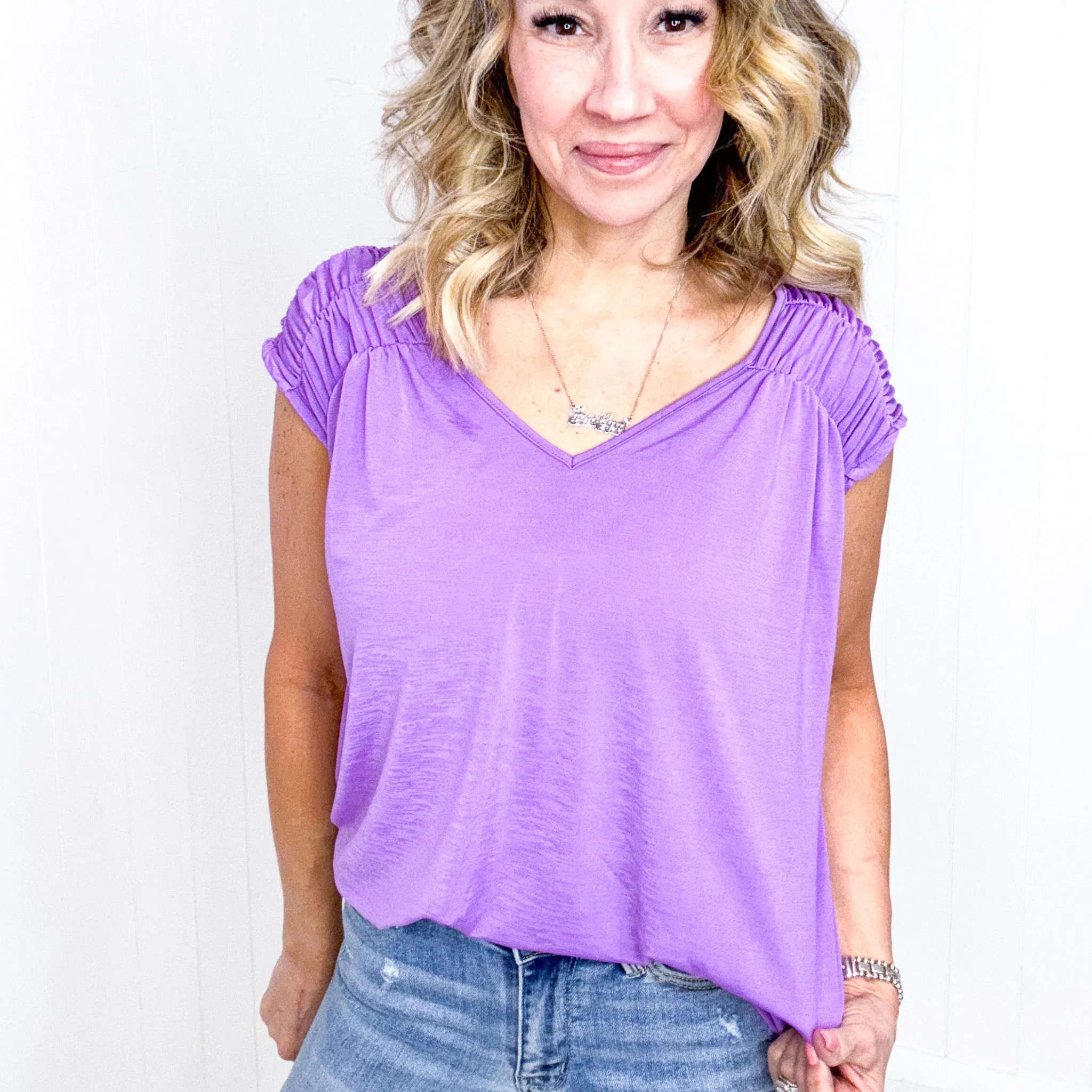 Dear Scarlett Ruched Cap Sleeve Top in Lavender sold by Boujee Boutique product image thumbnail 3