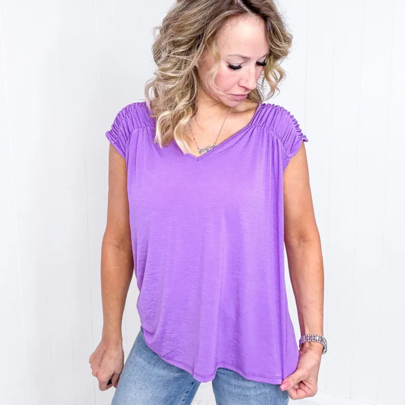 Dear Scarlett Ruched Cap Sleeve Top in Lavender sold by Boujee Boutique