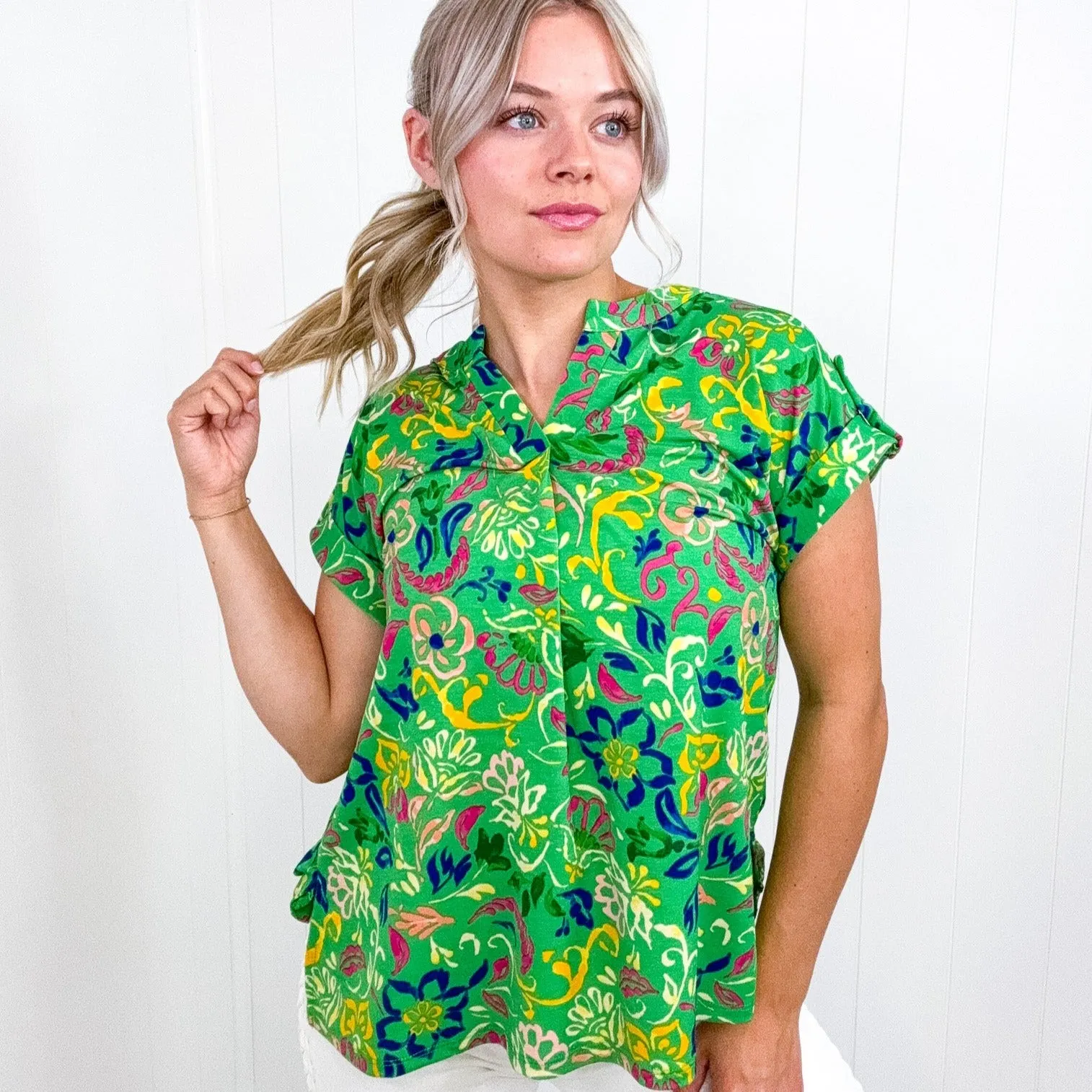 Dear Scarlett Lizzy Cap Sleeve Top in Green and Royal Watercolor Floral sold by Boujee Boutique product image thumbnail 2