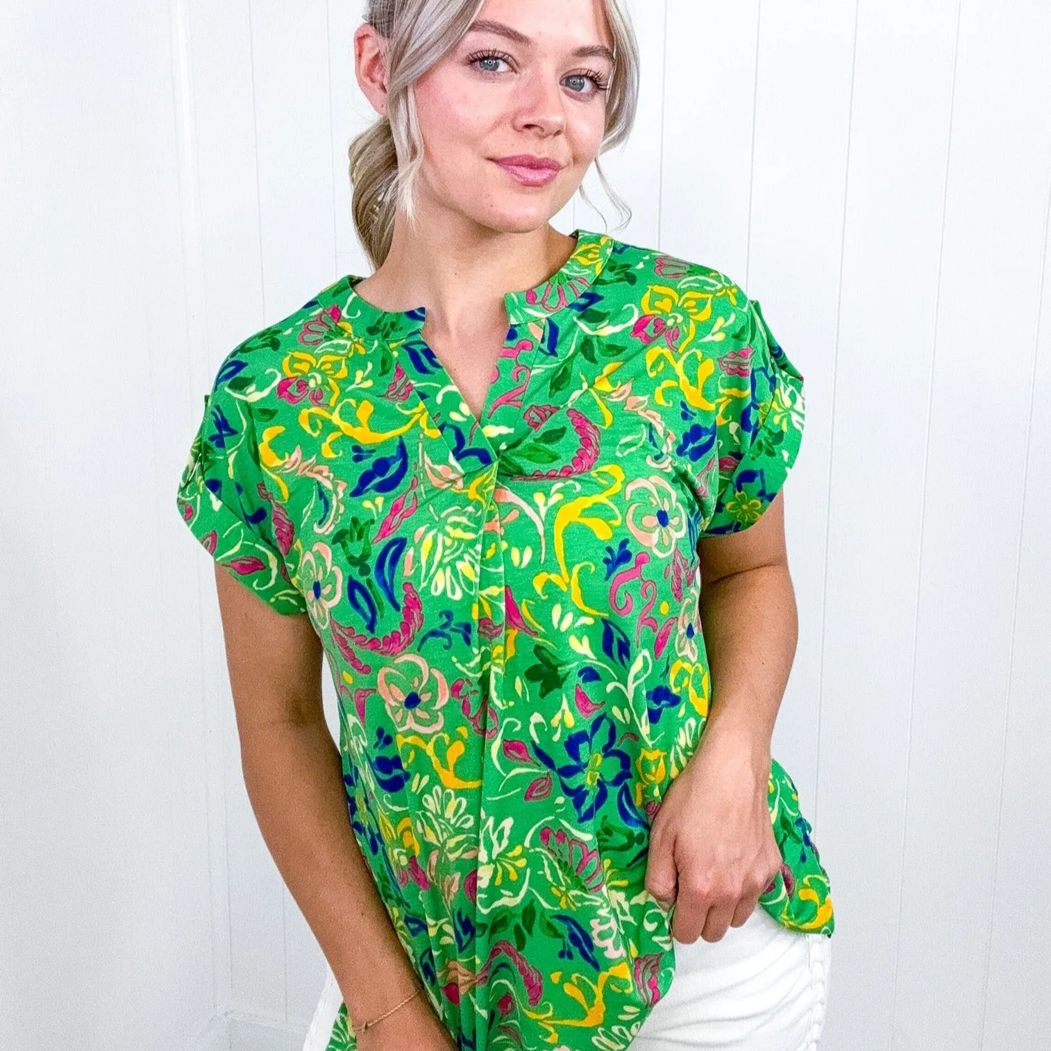 Dear Scarlett Lizzy Cap Sleeve Top in Green and Royal Watercolor Floral sold by Boujee Boutique product image thumbnail 5