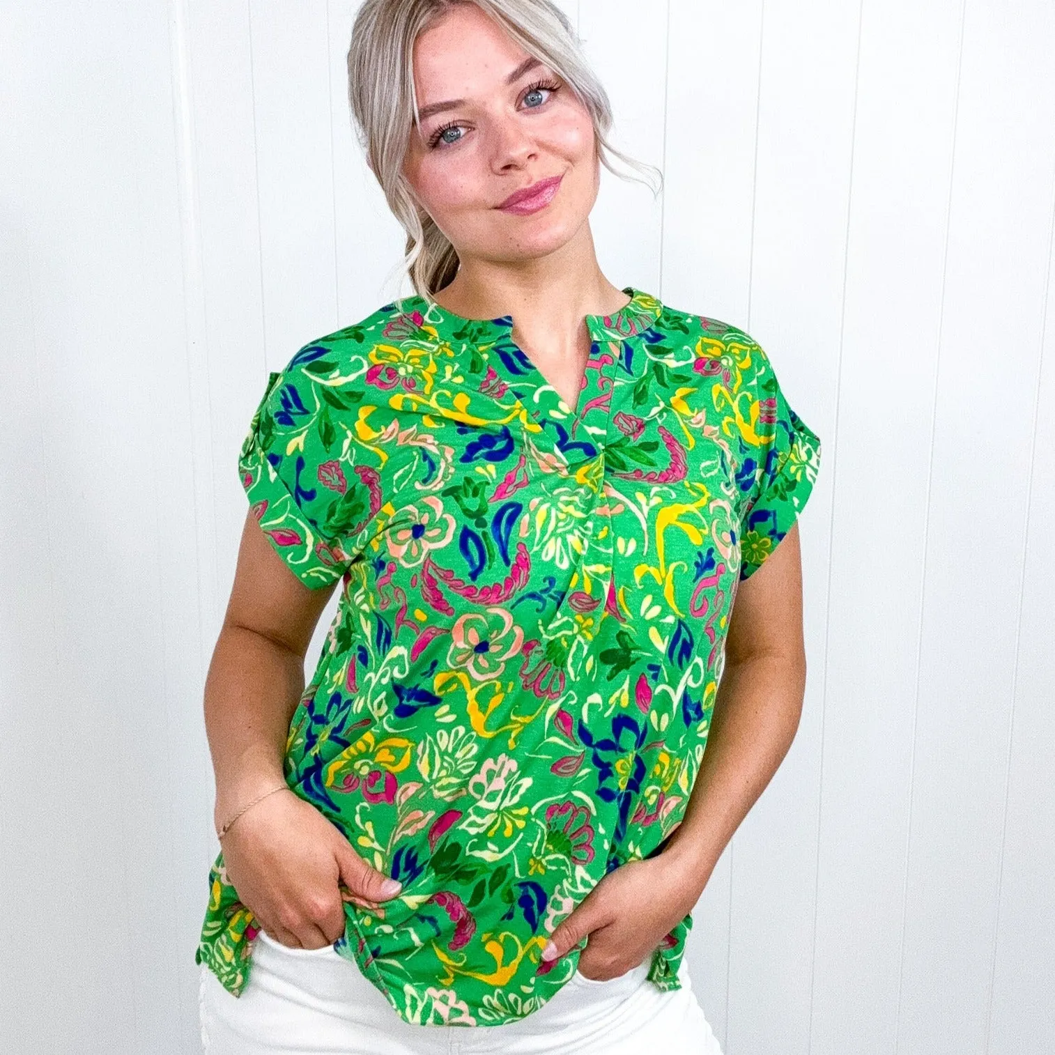 Dear Scarlett Lizzy Cap Sleeve Top in Green and Royal Watercolor Floral sold by Boujee Boutique product image thumbnail 4