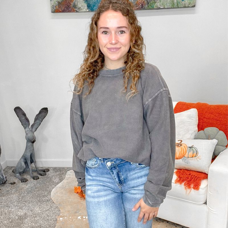 Charcoal Oversized Essential Luxe Corded Crew Sweatshirt sold by Boujee Boutique