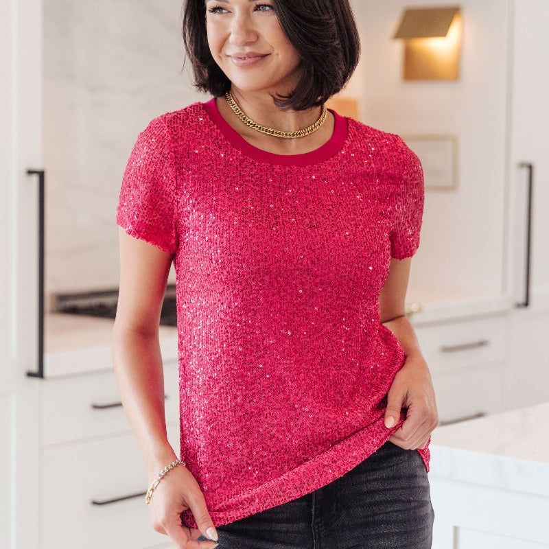 Glimmering Night Sequin Blouse in Hot Pink sold by Boujee Boutique