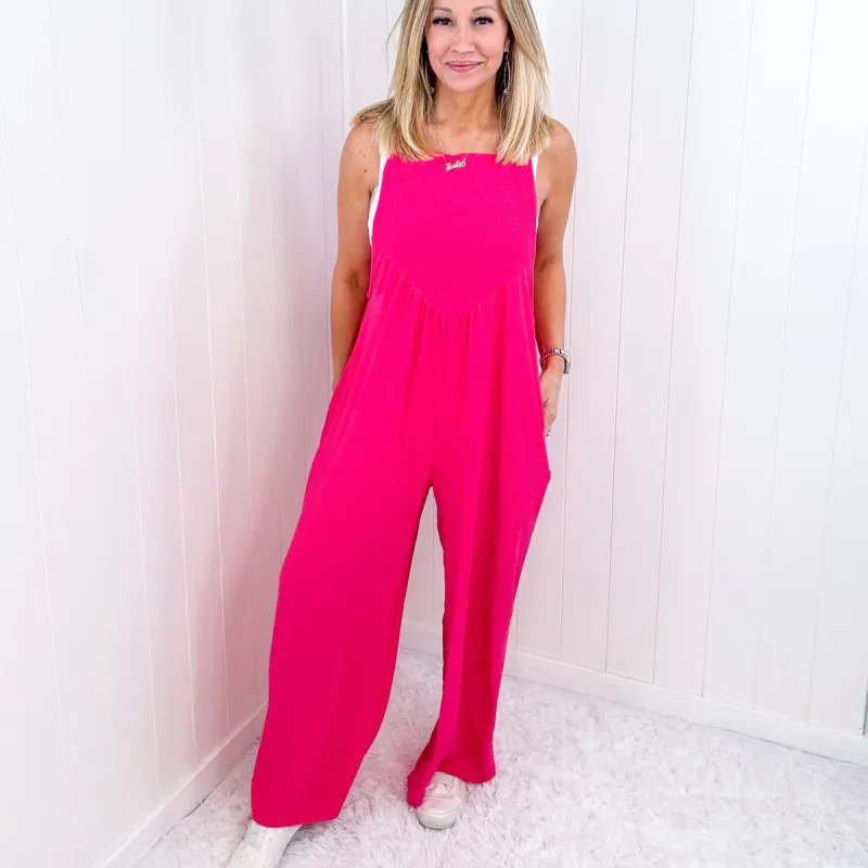 Summer Dreaming Pink Wide Leg Suspender Overall Jumpsuit sold by Boujee Boutique