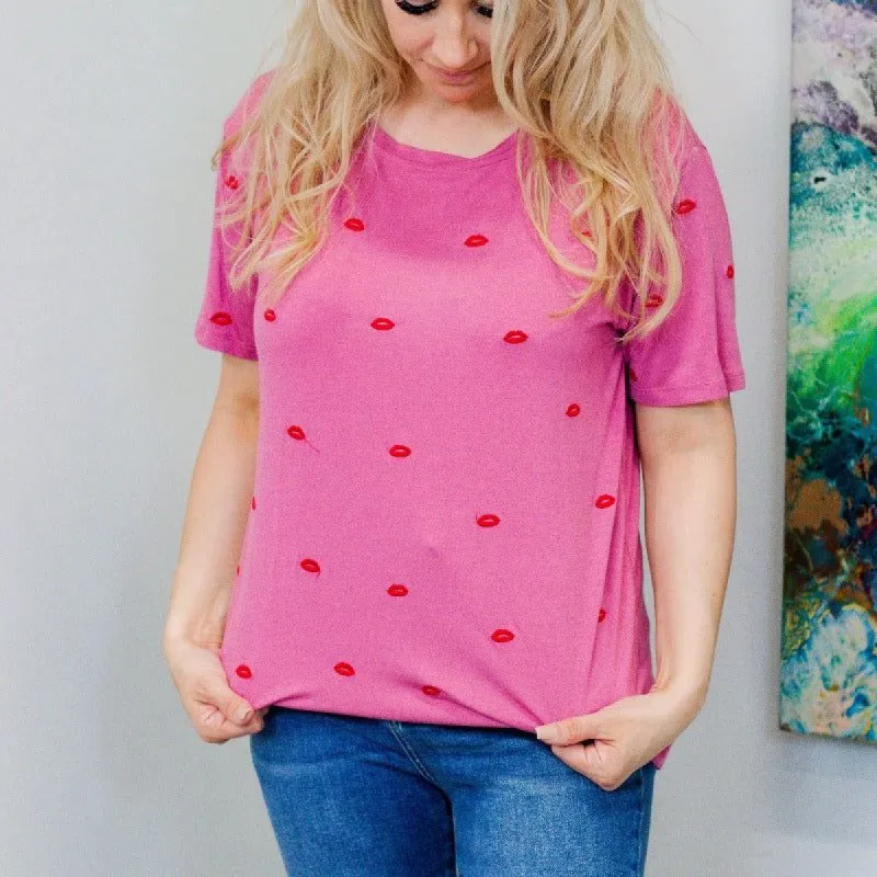 Embroidered Lip Round Neck Top sold by Boujee Boutique