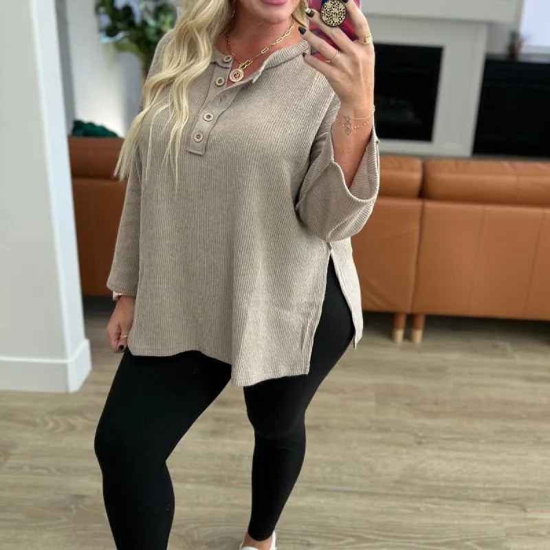 Ribbed Brushed Hacci Henley in Ash Mocha sold by Boujee Boutique