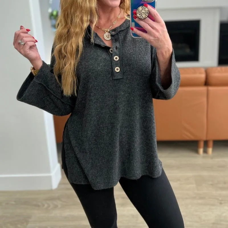 Ribbed Brushed Hacci Henley in Black sold by Boujee Boutique