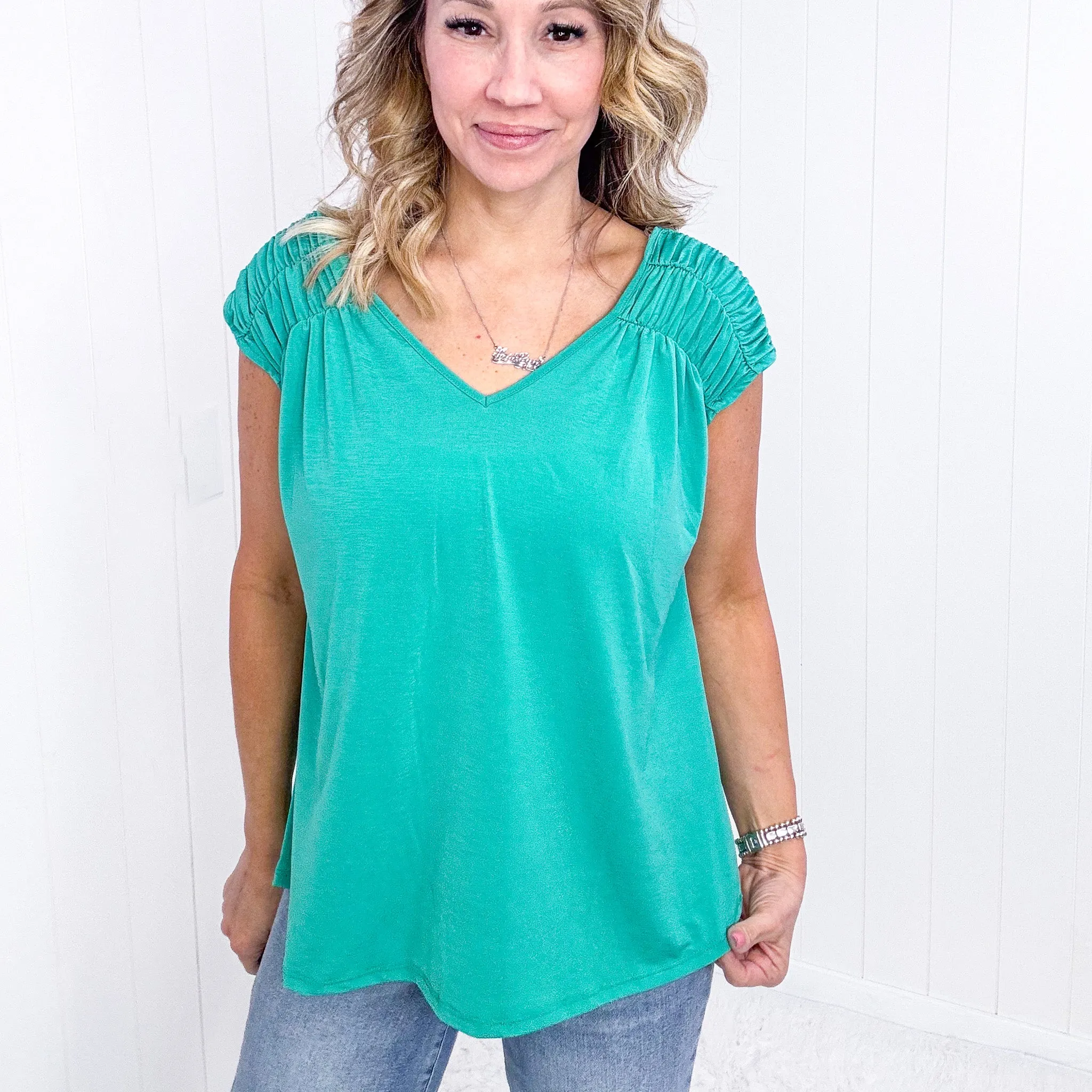 Dear Scarlett Ruched Cap Sleeve Top in Emerald sold by Boujee Boutique