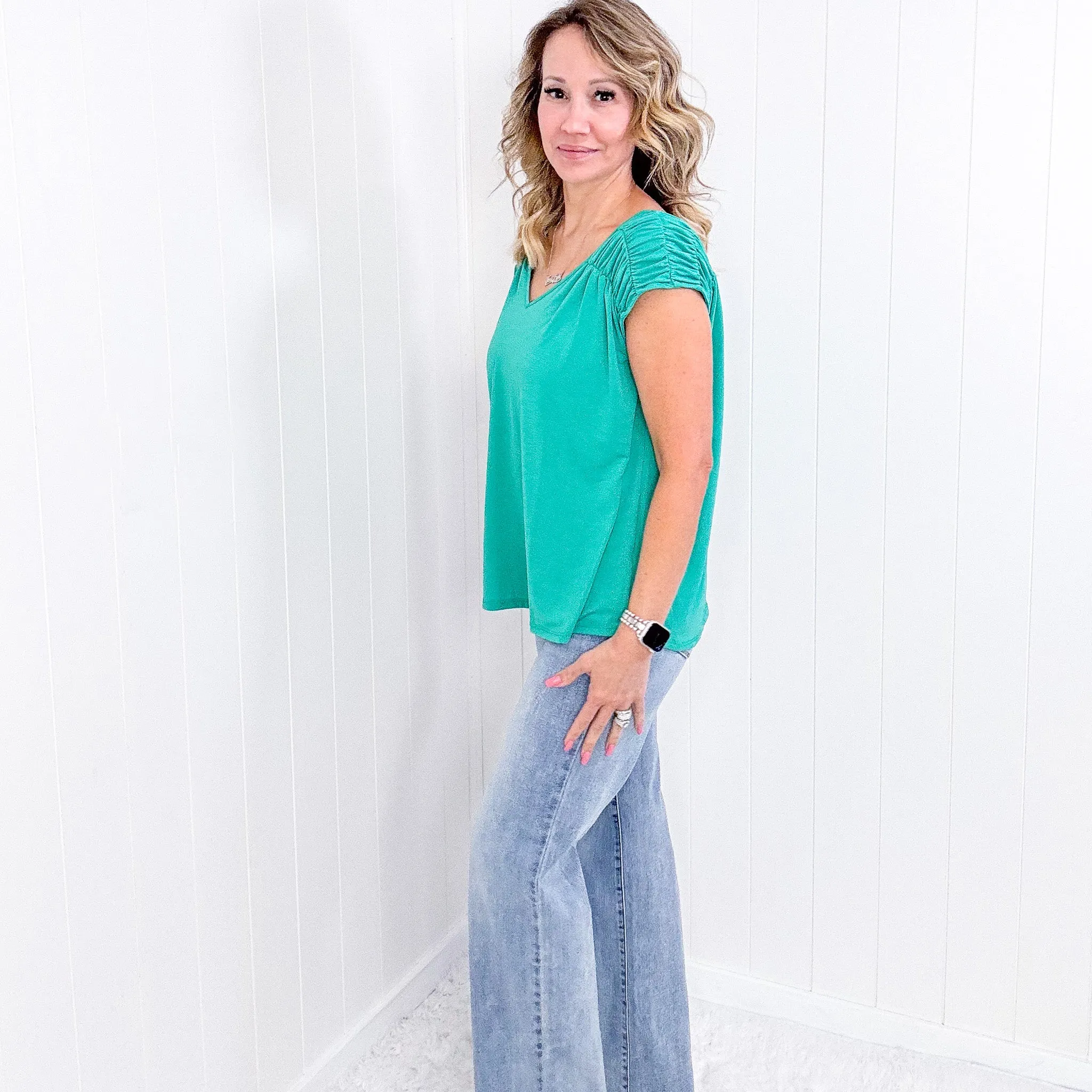 Dear Scarlett Ruched Cap Sleeve Top in Emerald sold by Boujee Boutique product image thumbnail 3