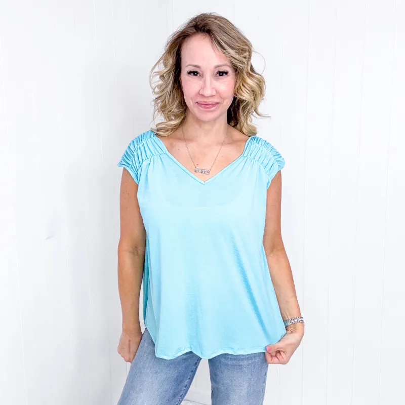 Dear Scarlett Ruched Cap Sleeve Top in Neon Blue sold by Boujee Boutique