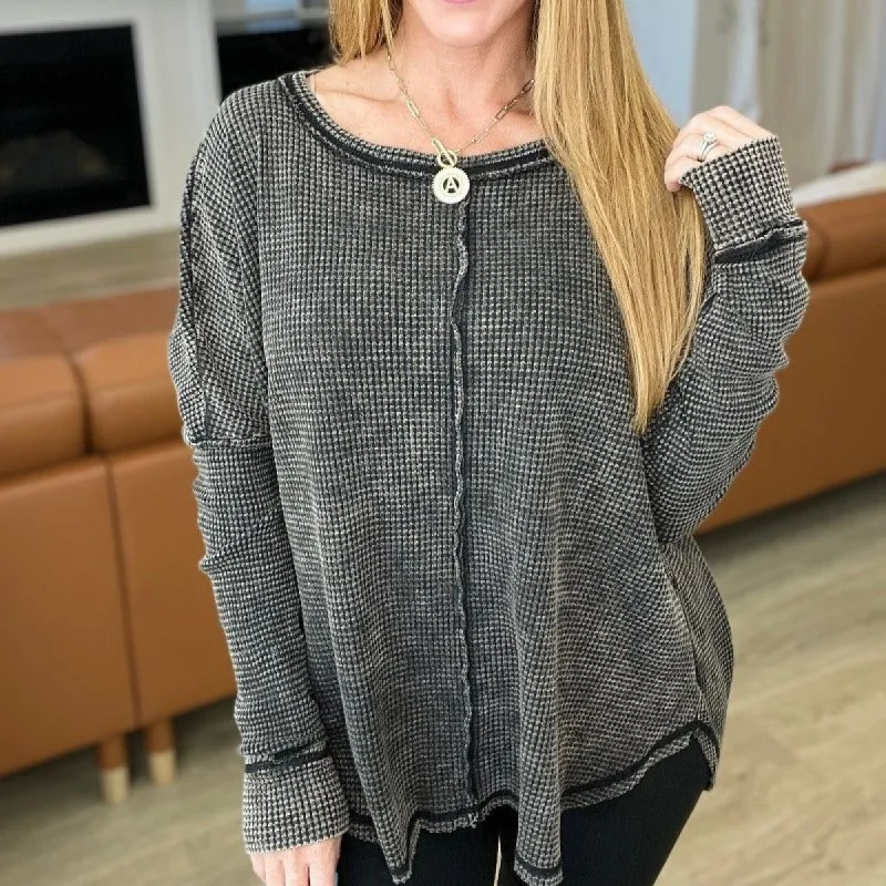 Mineral Wash Baby Waffle Long Sleeve Top in Ash Black sold by Boujee Boutique
