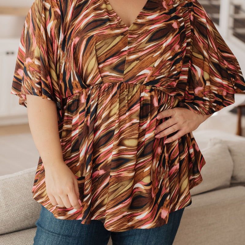 Dearest Dreamer Peplum Top in Abstract Mocha sold by Boujee Boutique product image thumbnail 2