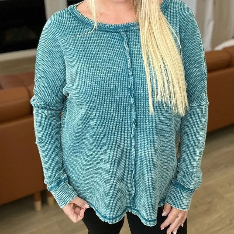 Mineral Wash Baby Waffle Long Sleeve Top in Teal sold by Boujee Boutique