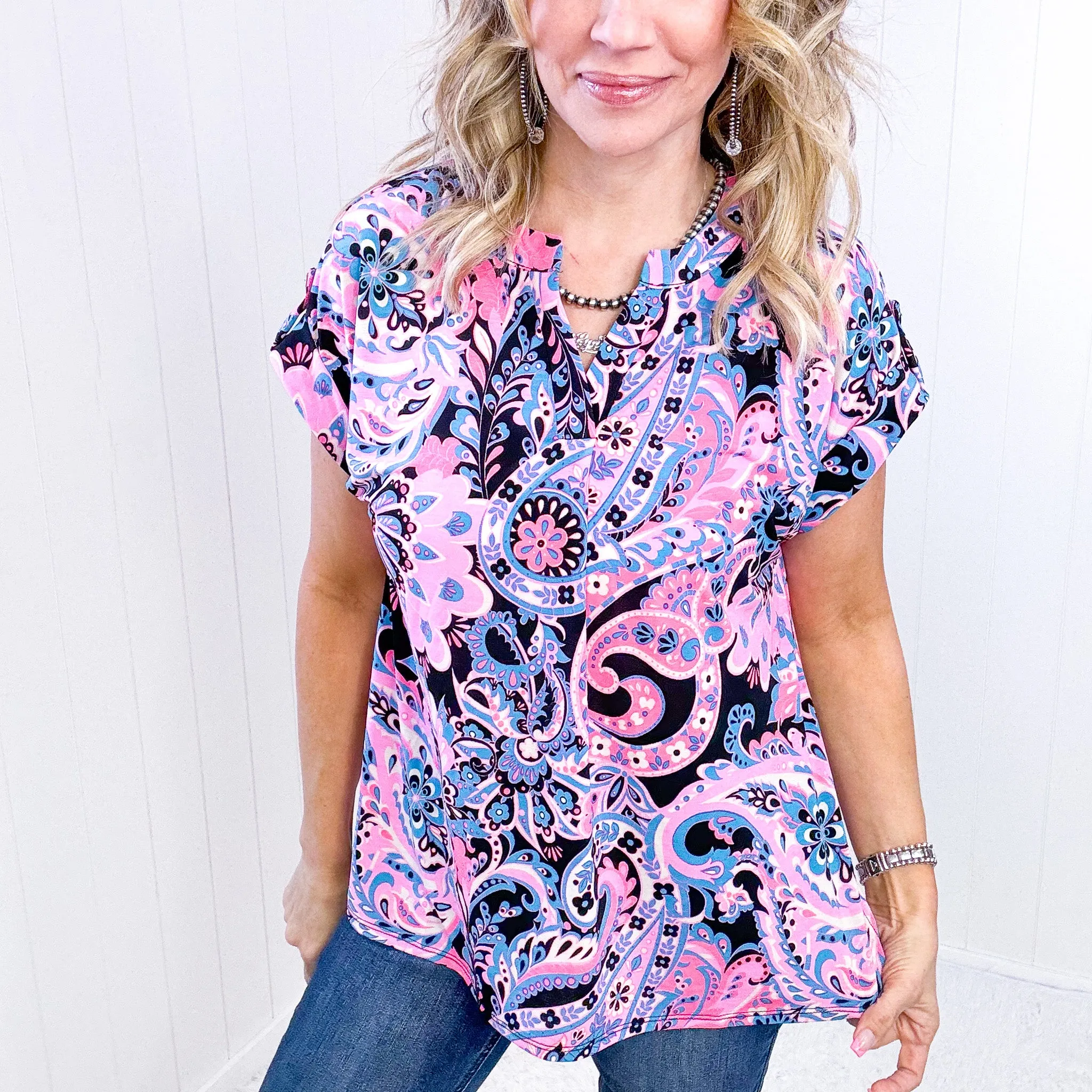 Dear Scarlett Lizzy Cap Sleeve Top in Pink and Black Paisley sold by Boujee Boutique product image thumbnail 4
