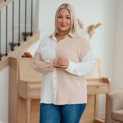 Block Party Beige and Cream Button Down Blouse sold by Boujee Boutique