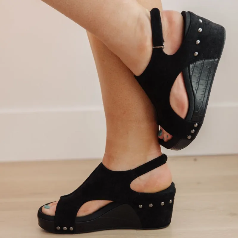 Corky's Walk This Way Wedge Sandals in Black Suede sold by Boujee Boutique