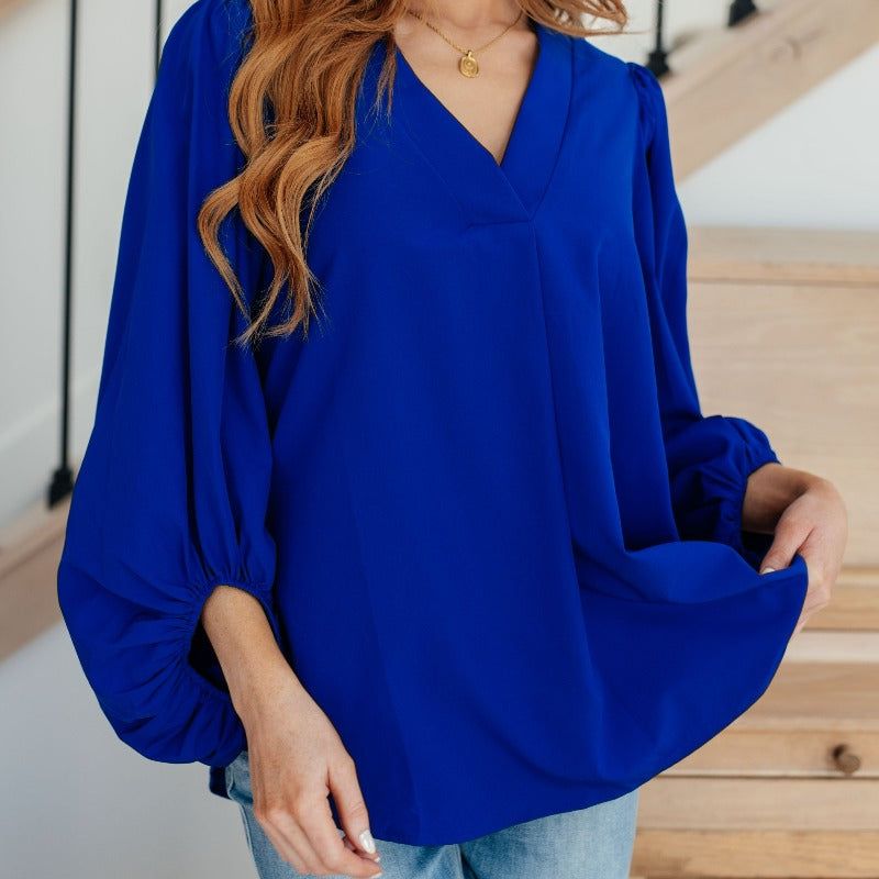 What Do You Say Balloon Navy Blue Sleeve Blouse sold by Boujee Boutique