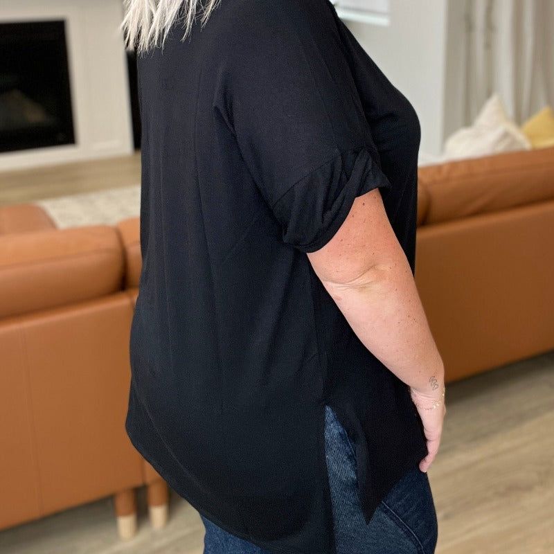 V-Neck Cuffed Sleeve Hi-Low Hem Top in Black sold by Boujee Boutique product image thumbnail 2
