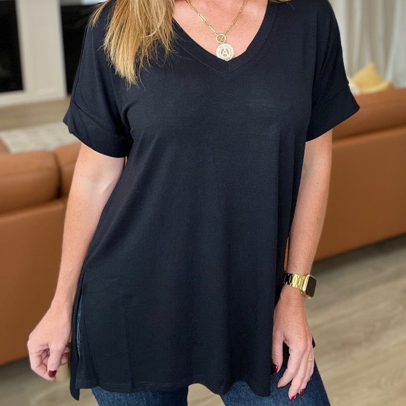 V-Neck Cuffed Sleeve Hi-Low Hem Top in Black sold by Boujee Boutique product image thumbnail 3