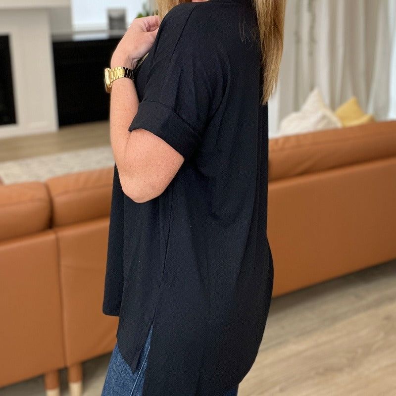 V-Neck Cuffed Sleeve Hi-Low Hem Top in Black sold by Boujee Boutique product image thumbnail 4