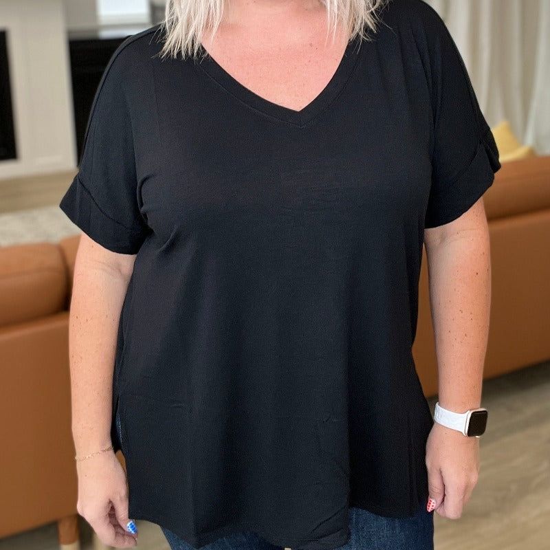 V-Neck Cuffed Sleeve Hi-Low Hem Top in Black sold by Boujee Boutique