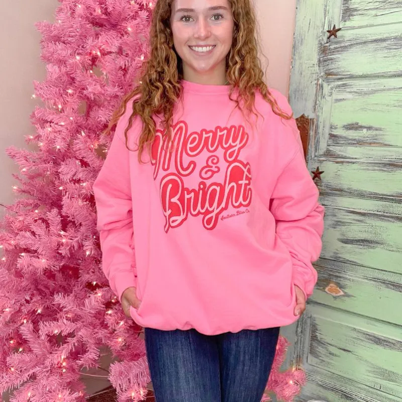 Christmas Merry Bright Hot Pink Long Sleeve Fleece Sweatshirt sold by Boujee Boutique