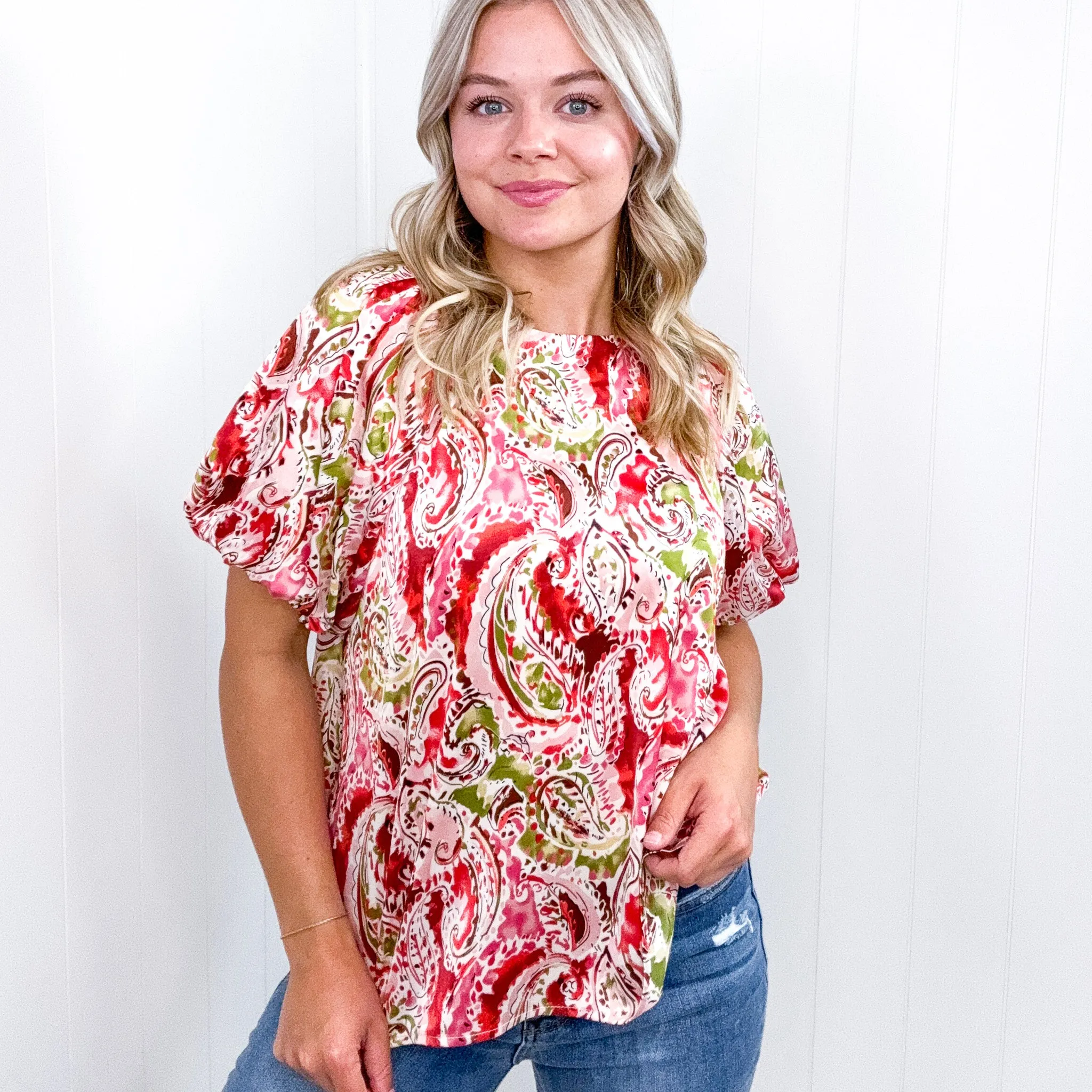 Poly Satin Round Neckline Floral Paisley Short Sleeve Blouse sold by Boujee Boutique product image thumbnail 3