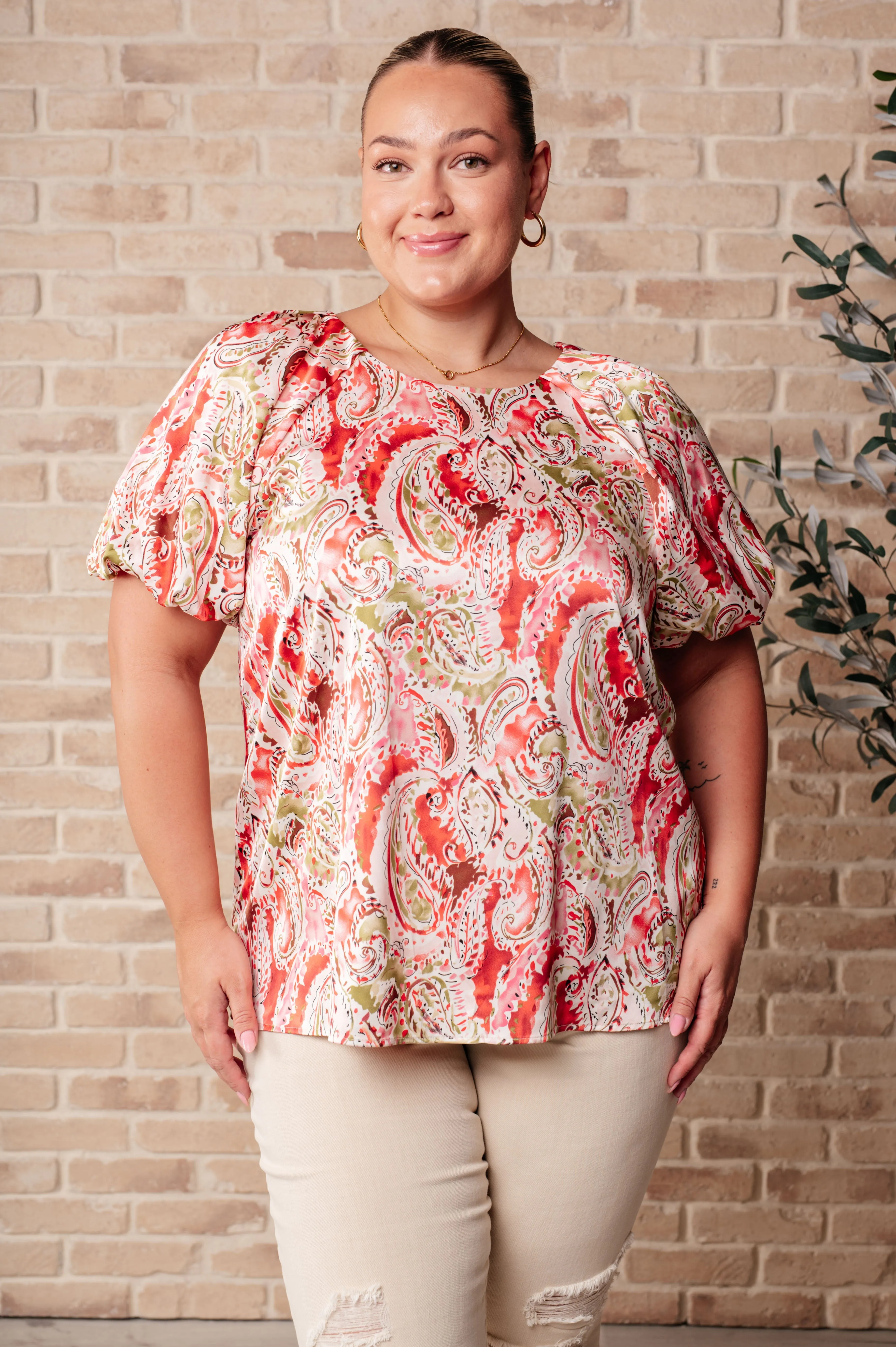 Poly Satin Round Neckline Floral Paisley Short Sleeve Blouse sold by Boujee Boutique product image thumbnail 5