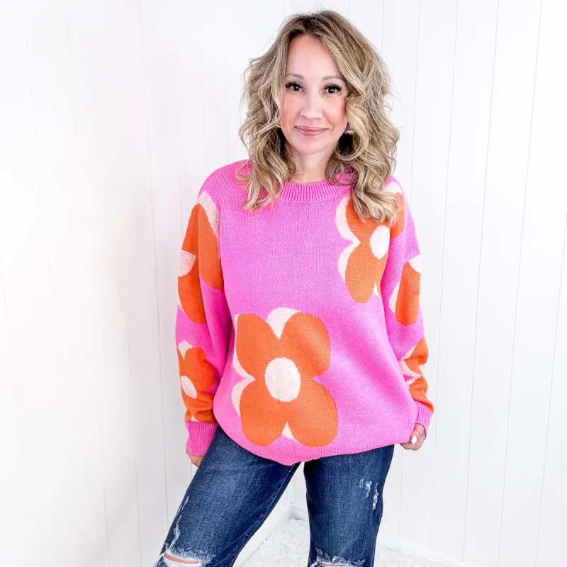 Hot Pink Quietly Bold Mod Orange Floral Sweater sold by Boujee Boutique