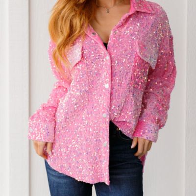 Pink Seeking Love Velvet Sequin Button up Top sold by Boujee Boutique