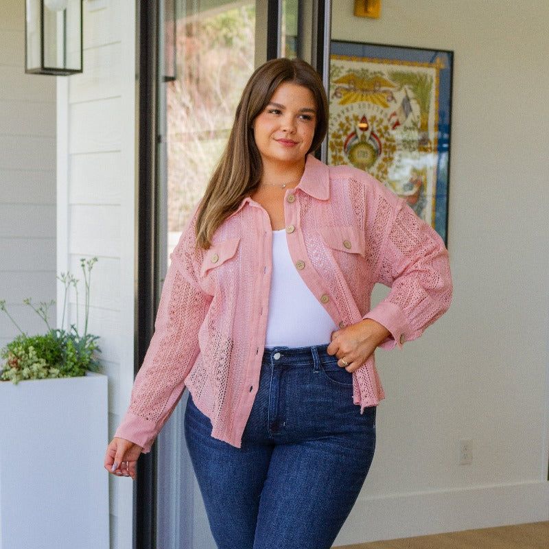 Sweeter Than Nectar Lace Button Down Blouse in Rose sold by Boujee Boutique