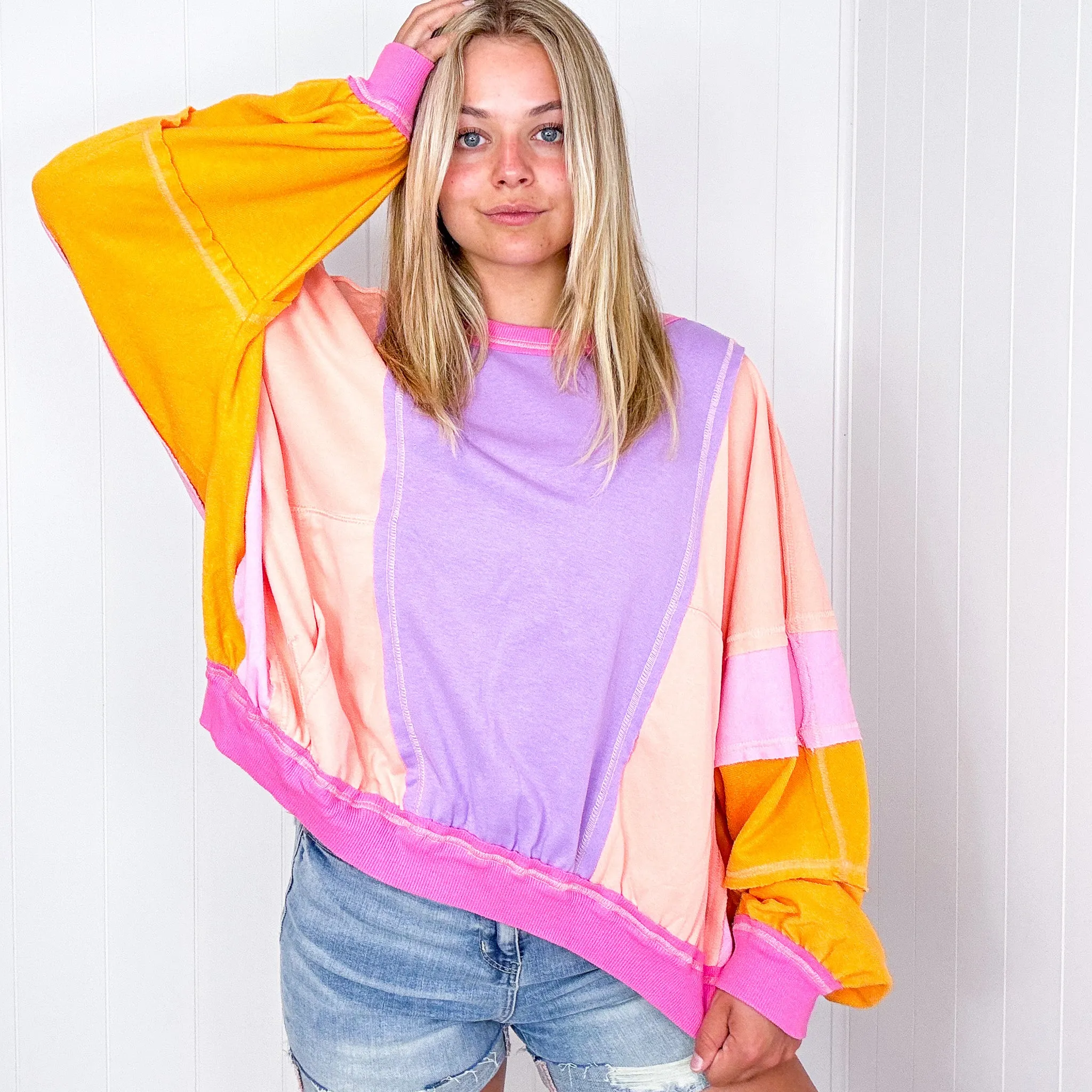 Cozy Sunset Lavender Peach Balloon Washed Terry Long Sleeve Pullover sold by Boujee Boutique product image thumbnail 5