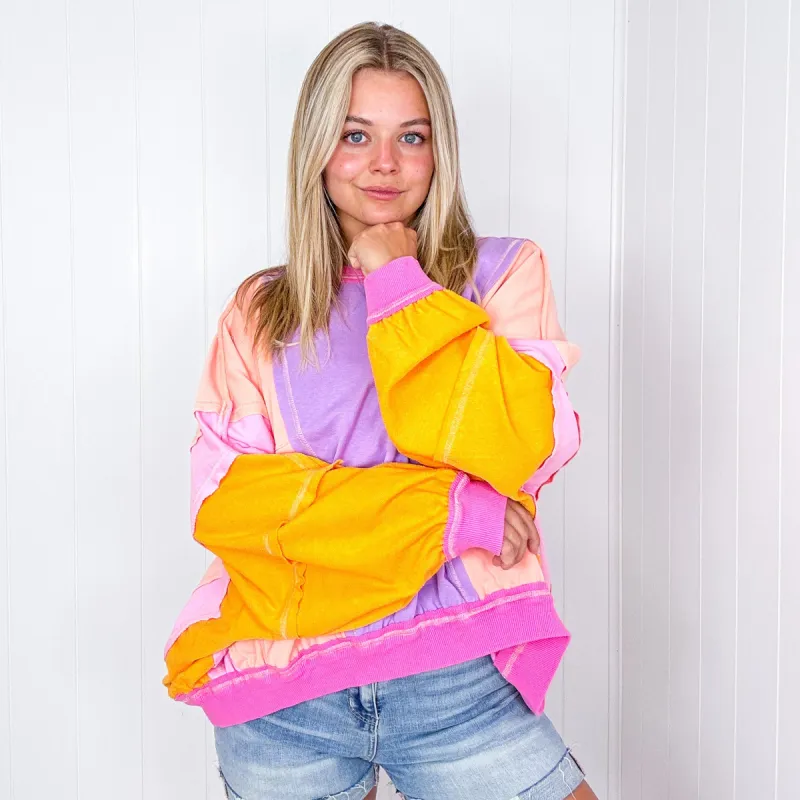 Cozy Sunset Lavender Peach Balloon Washed Terry Long Sleeve Pullover sold by Boujee Boutique