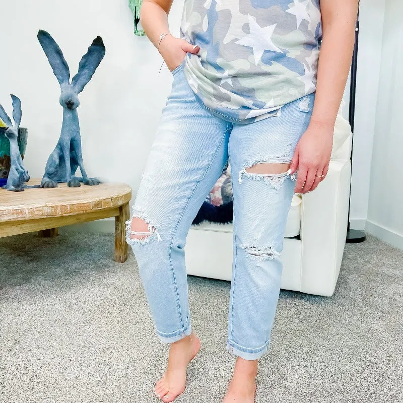 Judy Blue Light Wash Distressed Boyfriend Jeans sold by Boujee Boutique product image thumbnail 2