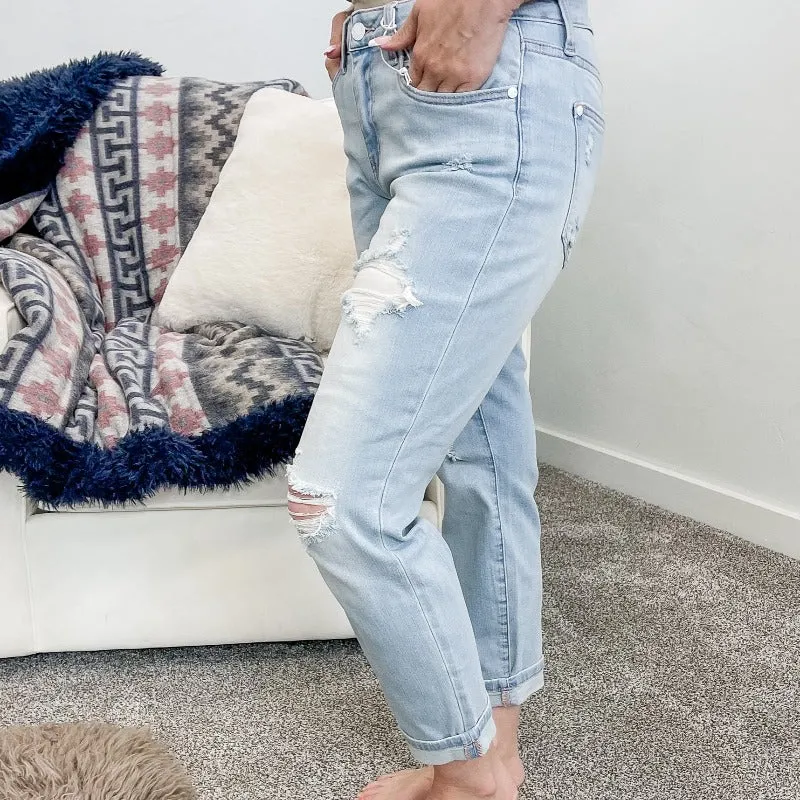 Judy Blue Light Wash Distressed Boyfriend Jeans sold by Boujee Boutique product image thumbnail 5