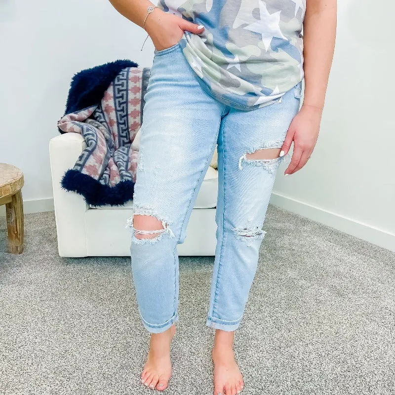 Judy Blue Light Wash Distressed Boyfriend Jeans sold by Boujee Boutique