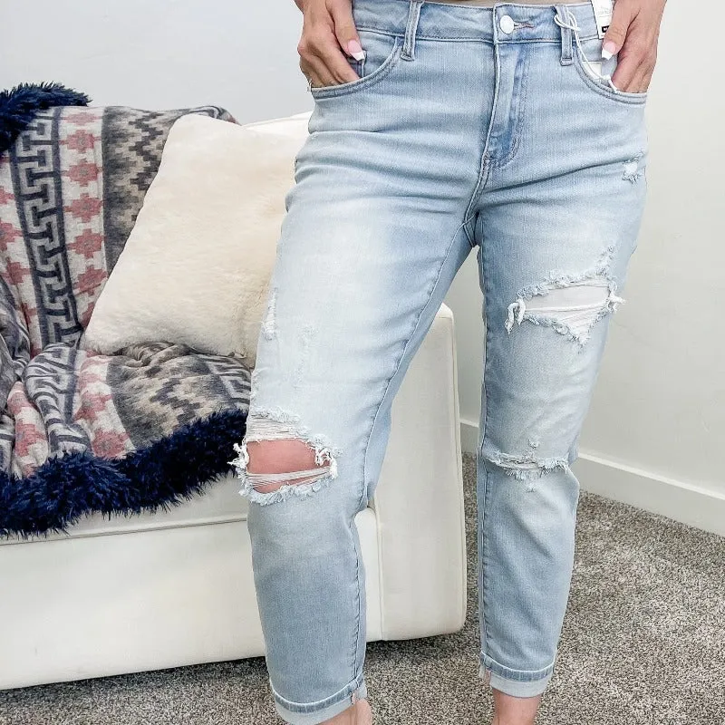 Judy Blue Light Wash Distressed Boyfriend Jeans sold by Boujee Boutique product image thumbnail 4
