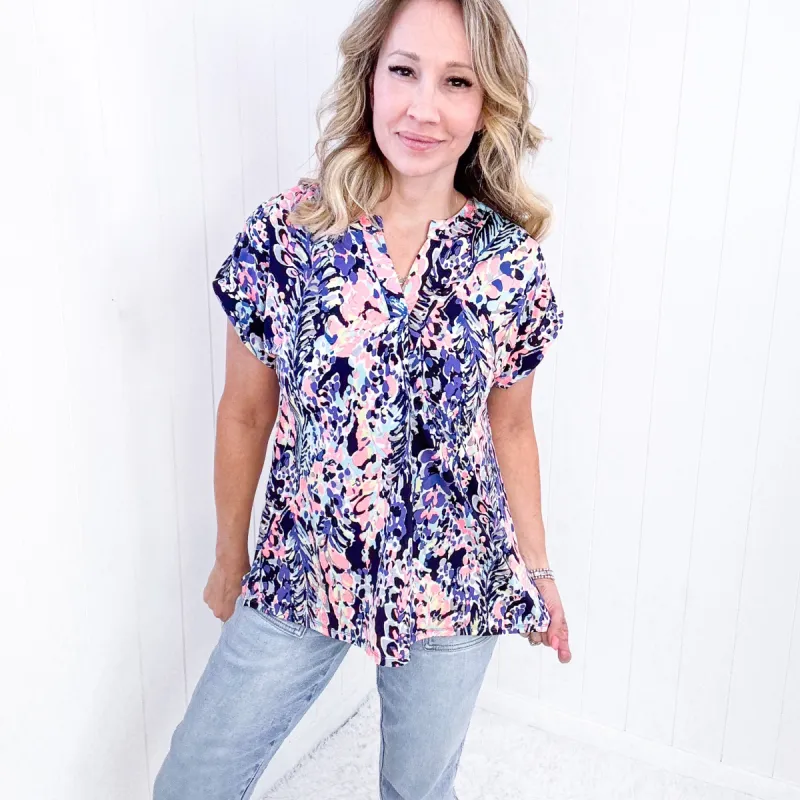 Dear Scarlett Lizzy Cap Sleeve Top in Navy Abstract Floral sold by Boujee Boutique