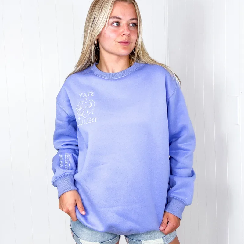 Stay Delulu Scuba Long Sleeve Embroidered Periwinkle Sweatshirt sold by Boujee Boutique