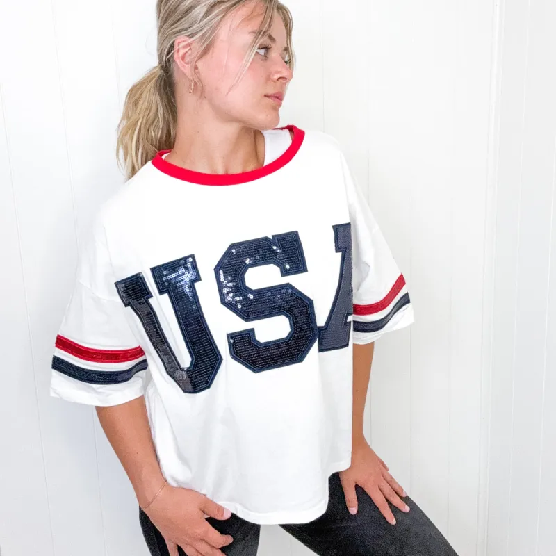 Party In The USA Sequins Patch Drop Shoulder Short Sleeve Top sold by Boujee Boutique