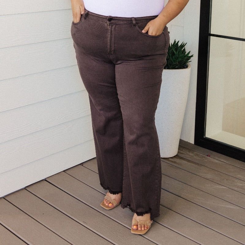 Judy Blue Sybil High Waist Frayed Hem 90's Straight Jeans in Brown sold by Boujee Boutique product image thumbnail 5