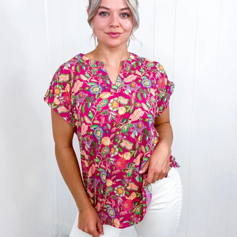 Dear Scarlett Lizzy Cap Sleeve Top in Fuchsia and Green Floral Paisley sold by Boujee Boutique