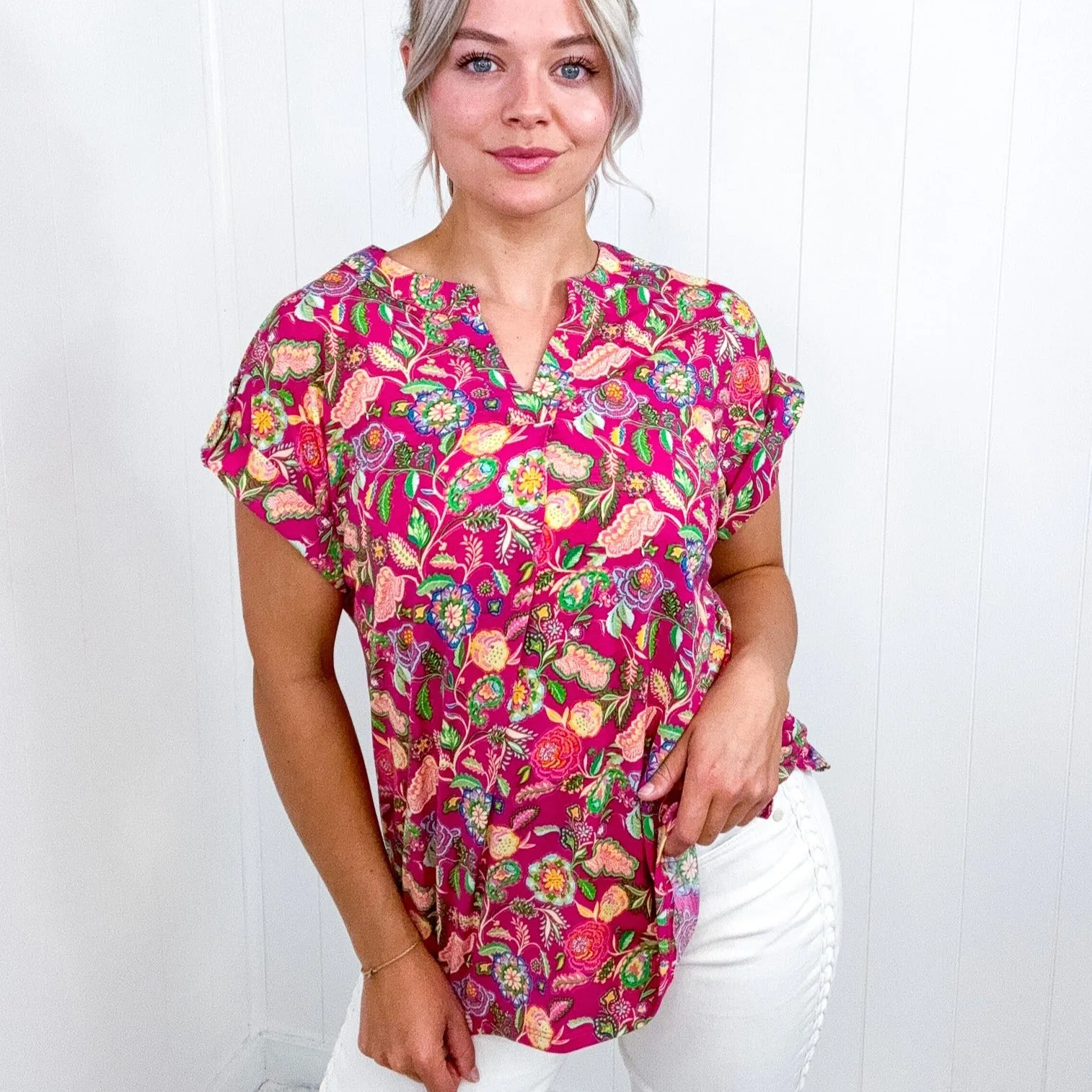 Dear Scarlett Lizzy Cap Sleeve Top in Fuchsia and Green Floral Paisley sold by Boujee Boutique