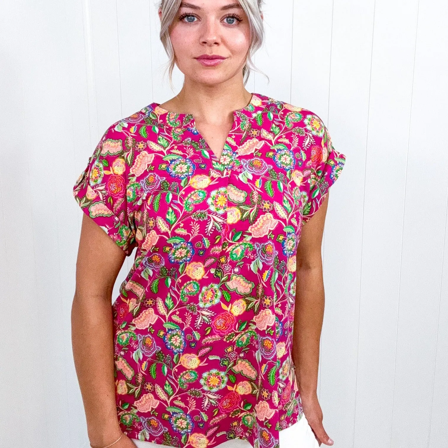 Dear Scarlett Lizzy Cap Sleeve Top in Fuchsia and Green Floral Paisley sold by Boujee Boutique product image thumbnail 2