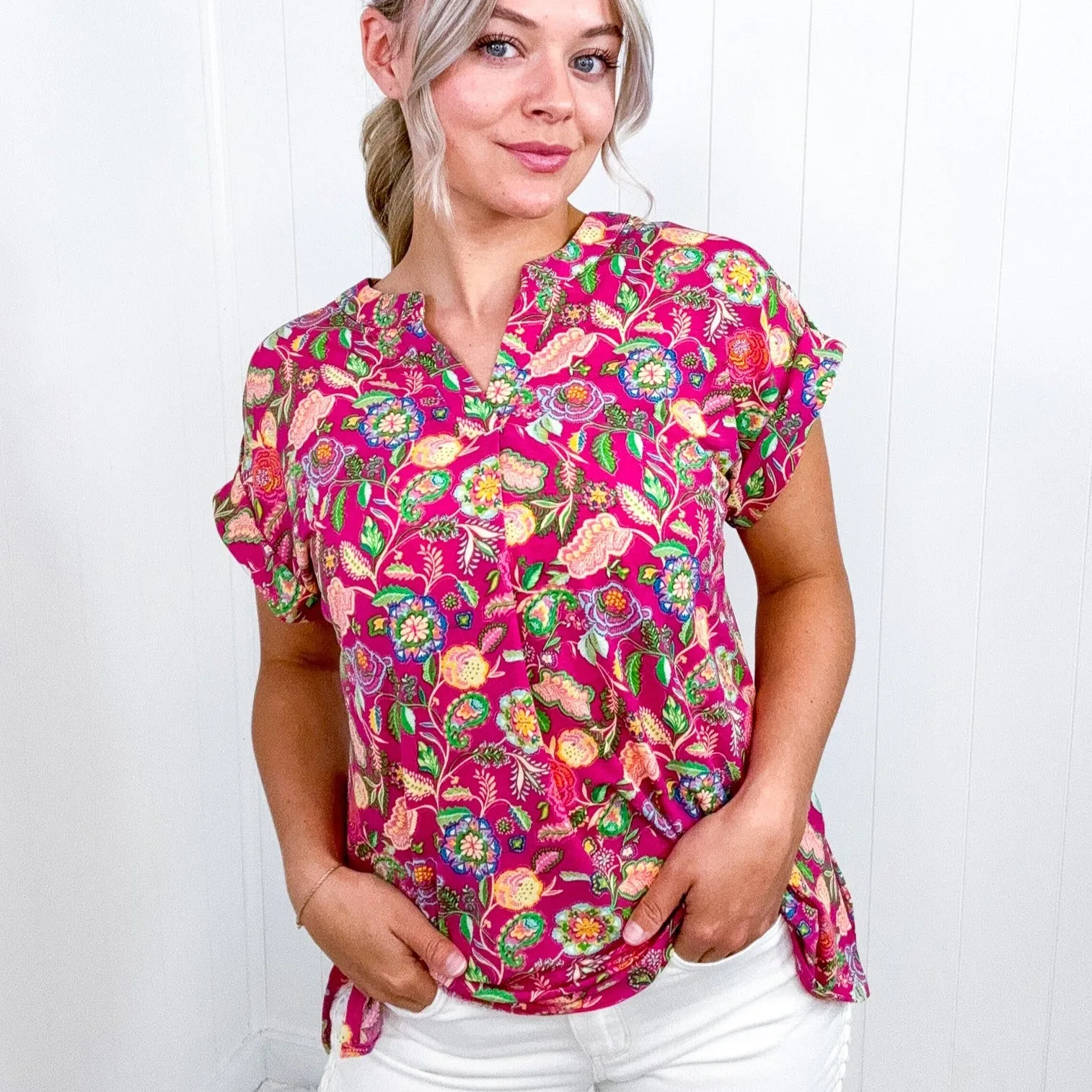 Dear Scarlett Lizzy Cap Sleeve Top in Fuchsia and Green Floral Paisley sold by Boujee Boutique product image thumbnail 4
