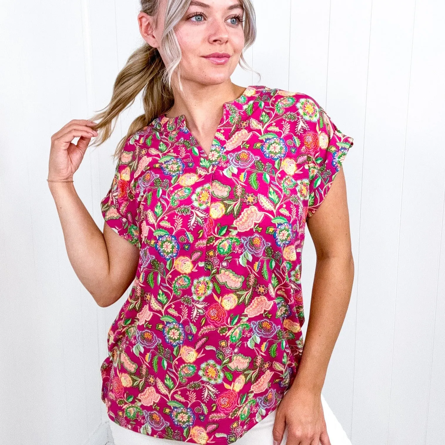 Dear Scarlett Lizzy Cap Sleeve Top in Fuchsia and Green Floral Paisley sold by Boujee Boutique product image thumbnail 3