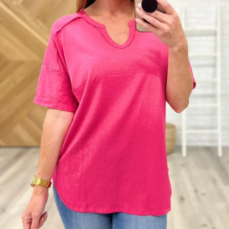 Short Sleeve Notched Neck Drop Sleeve Top in Hot Pink sold by Boujee Boutique