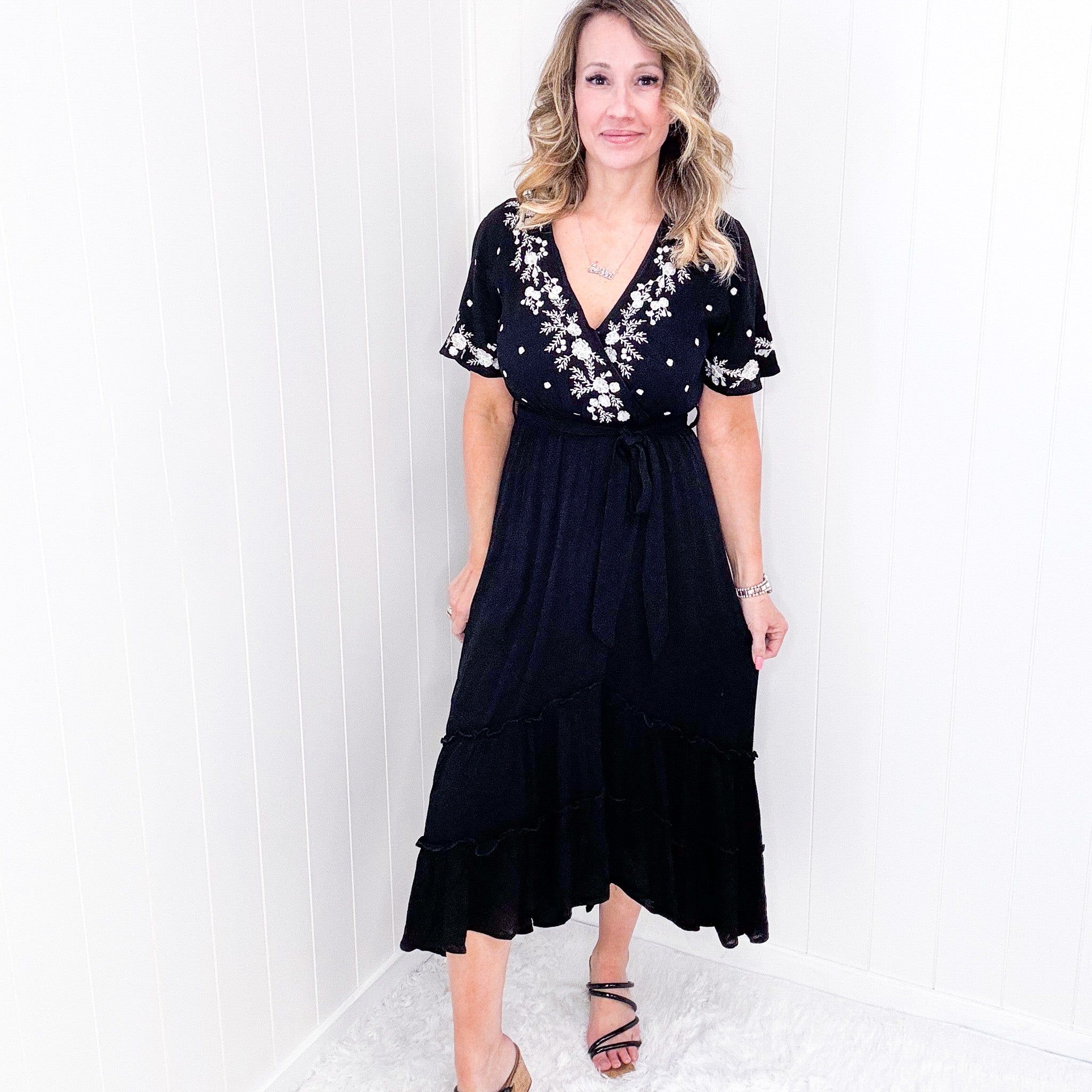 The Way You Look Tonight Black and Embroidered V-Neck Dress sold by Boujee Boutique product image thumbnail 5